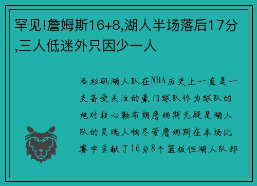 罕见!詹姆斯16+8,湖人半场落后17分,三人低迷外只因少一人