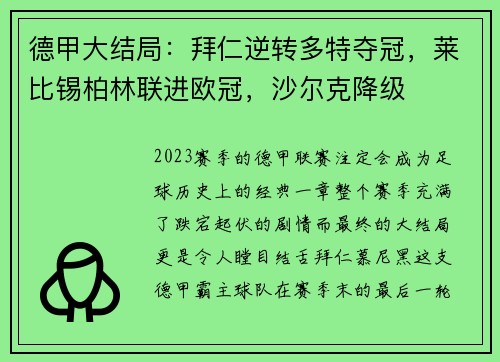 德甲大结局：拜仁逆转多特夺冠，莱比锡柏林联进欧冠，沙尔克降级