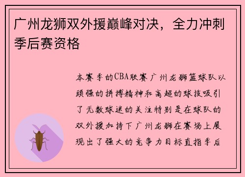 广州龙狮双外援巅峰对决，全力冲刺季后赛资格