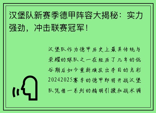 汉堡队新赛季德甲阵容大揭秘：实力强劲，冲击联赛冠军！