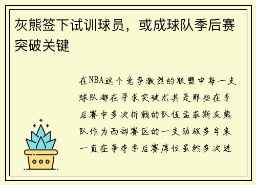 灰熊签下试训球员，或成球队季后赛突破关键