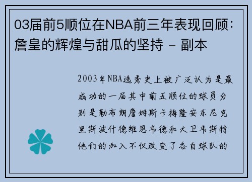 03届前5顺位在NBA前三年表现回顾：詹皇的辉煌与甜瓜的坚持 - 副本